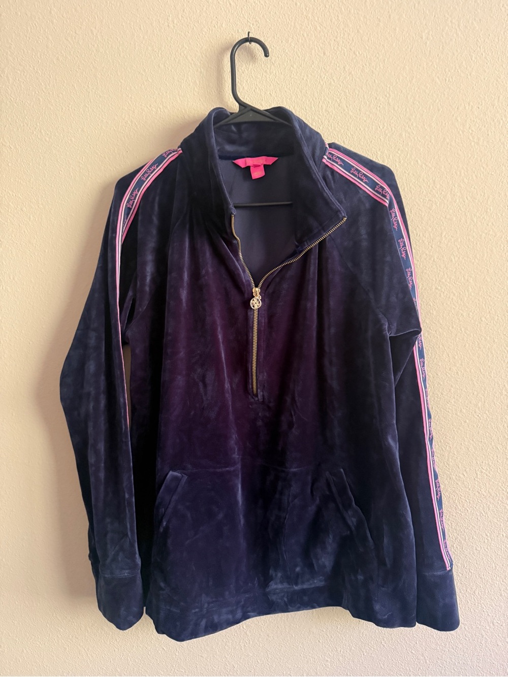 Lilly Pulitzer Navy Velour Half-Zip Jacket with Pink Trim